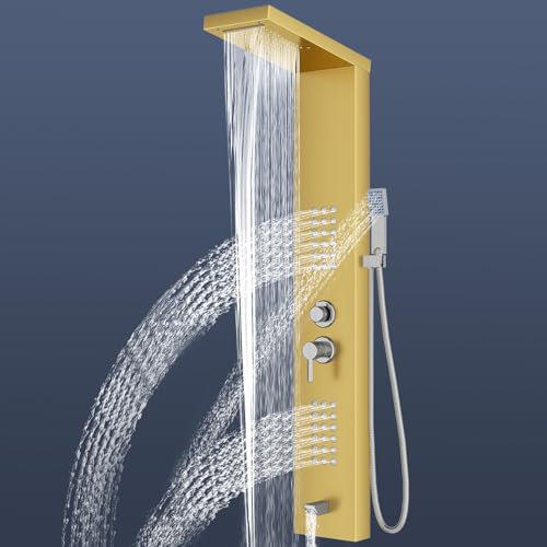 Sistema Pannello Doccia, 5 Modalità Doccia, colonna Dorato, effetto pioggia, doccetta a mano, massaggio, cascata