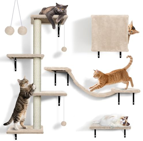 Zvonema Étagères Murales pour Chat, 4 en 1 Ensemble de Meubles Muraux avec Griffoir pour Chats, Arbre à Chat Mural avec Balle, Stable pour Grands et Petits D'intérieur Jusqu'à 10 kg