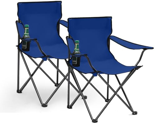 Sunula 2 Stück Leichter Klappstuhl Outdoor mit Getränkehalter & Tragetasche, Stabiler Anglersessel Klappbar, Praktischer Campingstuhl Ideal für Angeln Camping Picknick Blau