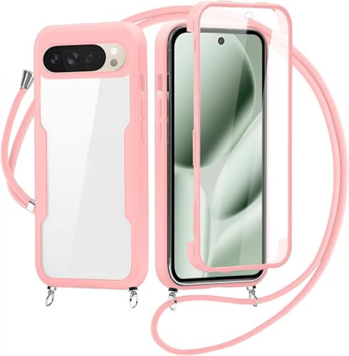 Cover per Google Pixel 9 Pro XL con Cordino, 360 Gradi Antiurto Custodia con Protezione Schermo Integrata Trasparente Rugged TPU Bumper Doppia Protettiva Cover per Google Pixel 9 Pro XL -Rosa