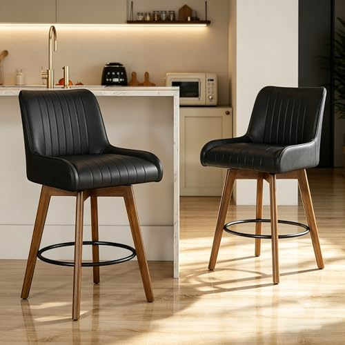 WOOW DEPOT Barhocker 2er Set, 66 cm mit Lehne, Drehbar, Federkern, Schwarz | 12 cm Taschenfederkern-Polsterung, 52 cm breite Sitzschale, Massivholz Gummibaum, für Kücheninsel, Bartheke & Wohnküche