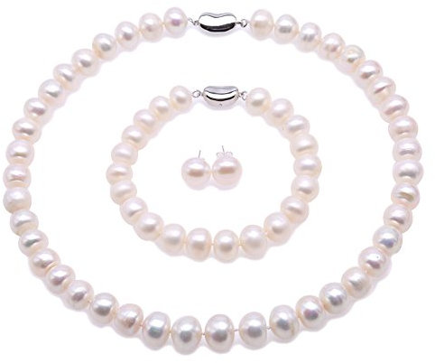 JYX pearl set Schmuckset Silber 925 Damen Perlenkette Set Weiße Süßwasser kultivierte Perlen Halskette Armband Ohrringe Schmuck Set 16 Zoll