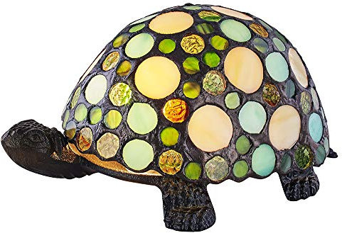 Happy Homewares Uniquely Handmade Green and Amber Pebble Glass Tortoise Tiffany Lamp with Antique Bronze Resin Base