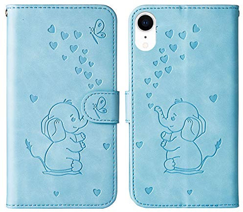 Tiyoo Embossed Love Heart Phone case for iphone XR Elephant Butterfly Pattern Folding Stand PU Leather Wallet Flip Cover Protective Case with Card Slots, Magnetic Closure (Blue)