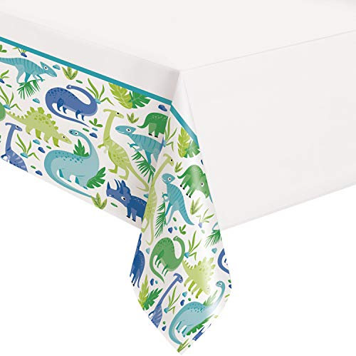 Unique 78313 Kunststoff-Tischdecke - 2,13 m x 1,37 m - Blaue & Grüne Dinosaurier-Party, Cartoon, Multicolour, 83.9 x 53.9 inch (Rectangular)