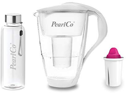 PearlCo - Glas-Wasserfilter (weiß) mit 1 Magnesium classic Filterkartusche + 1 Trinkflasche aus Glas