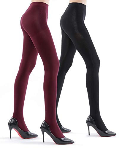 2 Pairs Ultra Opaque Tights for Women - 80D Microfiber Control Top Pantyhose (Schwarz & Burgund, M)