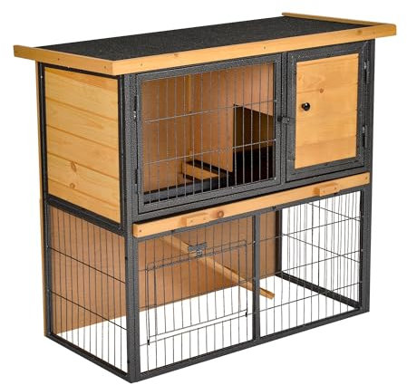 PawHut Wood-metal Rabbit Hutch Guinea Pig Hutch Elevated Pet House Bunny Cage with Slide-Out Tray Openable Roof Outdoor 89.5 x 45 x 81cm Light Yellow