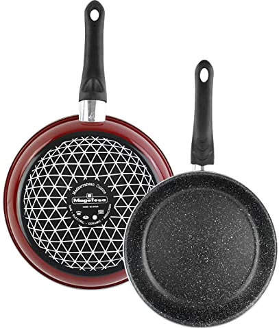 MAGEFESA Set di 2 padelle da 20 e 24 Ø Praga New. Antiaderente con chiusura rinforzata effetto pietra. Fondo 100% Full Induction, esterno rosso, 50% risparmio energetico.