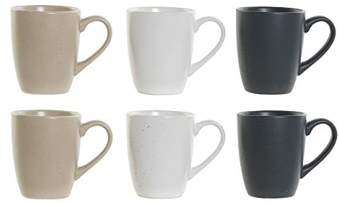 DKD Home Decor Lot de 6 tasses Blanc Beige Bois de caoutchouc Gres Naturel Gris foncé (160 ml) (3 pièces)