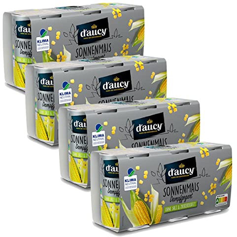 d'aucy Sonnenmais - 100% ohne Salz und Zuckerzusatz, ohne Konservierungsstoffe, klimaneutral, 4 Pack = 12 x 110 Gramm Dose
