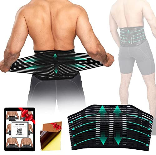 Faja Lumbar para Hombre y Mujer - Soporte Lumbar Alivia Dolor de Cintura y Espalda con Correas Doble Ajuste. Cinturón Lumbar Transpirable. Faja Lumbar Deportiva. Gratis parches de calor.