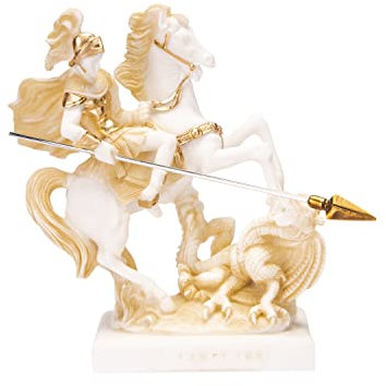 BeautifulGreekStatues Saint George auf Pferd tötender Drache Alabaster Statue Goldton 18 cm