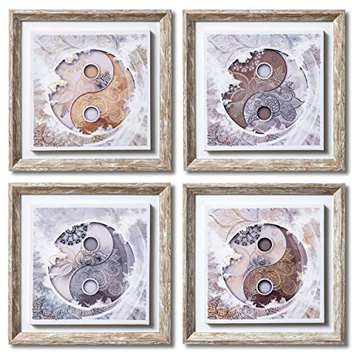DekoArte - Wandbilder Wohnzimmer YING YANG MANDALA 30x30cm x 4-teilig - Bilderset mit Rahmen Shabby Chic