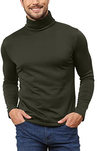 Hoefirm Men's Polar Neck Pullover Basic Warm Tops Turtleneck Knit Jumper Slim Fit Sweater Funnel Cotton Wool Green XXL