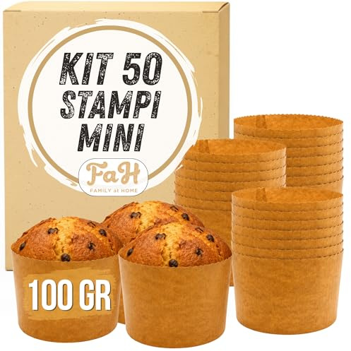 FAH FAMILY AT HOME Mini-Panettone-Form 100 g – 50 Stück, professionelle Panettone-Einlagen aus natürlichem reinem Zellulosepapier, Backformen für Panettone 100 g, hitzebeständig bis 200 °C