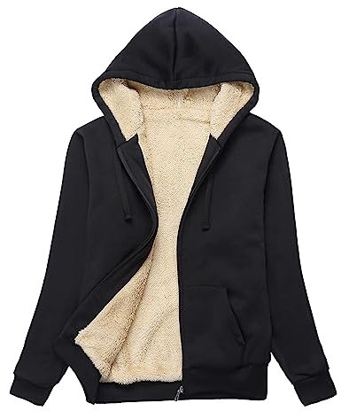 igeekwell Damen Fleecejacke Mit Kapuze Warm Hoodie Sweatjacke Mit Teddyfutter Outdoor Kapuzenjacke Mit Zipper Fleece Sweashirt Winterjacke (Schwarz-L)