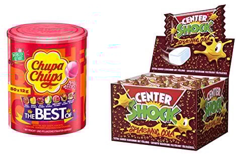 Chupa Chups Best of Lutscher-Dose & Center Shock Splashing Cola, Box mit 100 Kaugummis, extra-sauer mit Cola-Geschmack, perfekt für Geburtstag, Pinata, Party, Candy-Bar & Schultüte, 400g