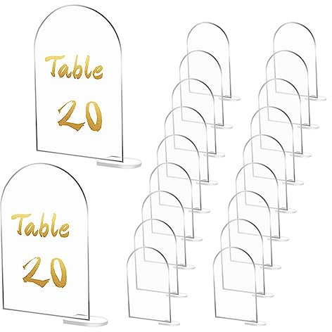 DBREAKS Bogen-Acrylschild, 20 Stück Transparentes Hochzeit Tischnummern, Acryl Sitzkarten mit Halter, Empfang Acrylplatten Tischkarten für Hochzeit, Party, Abendessen, Geburtstag, Kaffeemenü-Schilder
