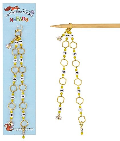 nbeads 2 STK. Biene Charme Stricken Reihe Zähler Ketten, Sechseck Ring Reihe Zähler Ketten Acryl Zahl Masche Marker mit Glasperlen für Stricken Häkeln Tracking Projekt Fortschritt, Golden