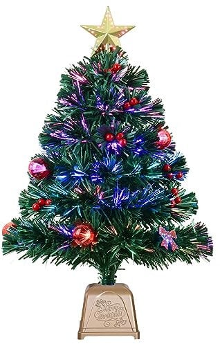 HABAGOU Mini albero di Natale artificiale da tavolo in fibra ottica, 61 cm, con stella, fiocco e palline, ornamento per la migliore decorazione della casa (61 cm, verde)