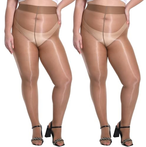 Yilanmy Damen Glänzende Strumpfhose Große Größen Sexy Öl Glanz Strumpfhosen 15 Denier Feinstrumpfhose Ultradünne-Braun*2 Paare,3XL/4XL
