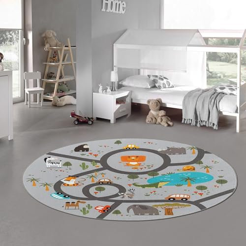 Teppich-Traum Runder Kinderteppich Kinderzimmer Teppich waschbar rutschfest Spielteppich Safari Straßen Autos Tiere rutschfest grau 160 cm