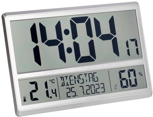 TFA Dostmann XL Wanduhr digital, 60.4520.54, mit Temperatur und Luftfeuchtigkeit, Wochentag (8 Sprachen), Funkuhr, gut ablesbar, groß, Silber, (L) 360 x (B) 235 x (H) 28 (84) mm
