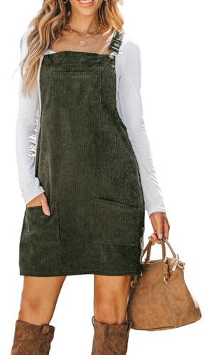 CUPSHE Damen Latzrock Quadratischer Ausschnitt Taschen Cord Latzkleid Overallkleid Freizeitkleider Corduroy Mini Dress Olivgrün L