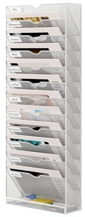 Senhoglb 13 Fächer Hanging File Organizer Zeitungshalter Wand Metall A4 Dokumentenablage Hängeregister Zeitschriftenständer Flyerhalter Prospektspender mit 12 Fächern und 1 Tablett, Weiß