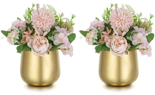 NUPTIO Kleine Vase Gold für Tischdeko: 2 Stück 10cm Blumenvase Tischdekoration Vintage für Hochzeit Tafelaufsatz Geburtstag Party Dekorationen Metall Blumentopf Pflanzentopf Wohnzimmer Balkon