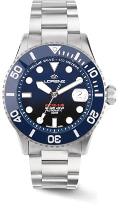 Lorenz Hydro-Sub 090011BB Herren-Armbanduhr Automatik Schweizer Edelstahlarmband 500 Meter Profi Taucher Geschenkbox mit Armband, blau, Grande, Armband