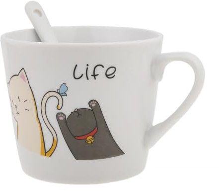 lachineuse - Tasse en Porcelaine Chat Happy & sa Cuillère - Les 2 Chats - Collection Life - 200 ml - Petit Déj & Pause Détente - Café, Thé, Chocolat Chaud - Idée Cadeau Asie, Chine, Japon - Blanc