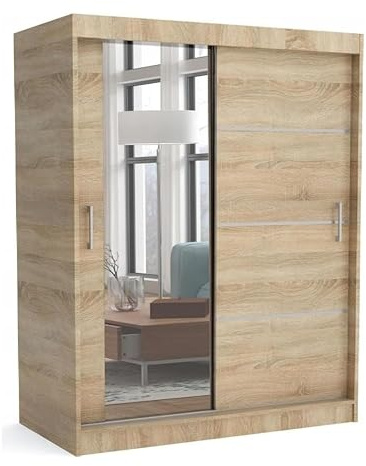 Brent - Kleiderschrank mit Spiegel 160cm Breit Windsor Tomy I Schlafzimmerschrank mit 2 Kleiderstänger und Einlegeböden für Kleidung I Kleiderschrank Sonoma Eiche