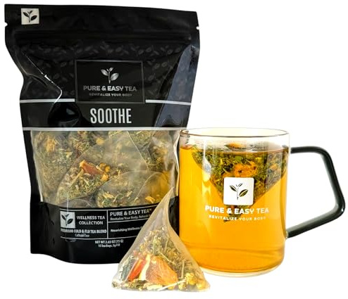 Pure And Easy Tea, Soothe Cold & Sore Throat Relief Tea, Whole-Leaf Herbal Blend with Echinacea, Eucalyptus & Ginger, 15 Large Plant-Based Pyramid Tea Bags (75g)