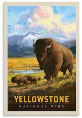Vintage Travel Yellowstone National Park American Bison Zimmer Wohnzimmer Dekor Moderne ästhetische Wandkunst Geschenk für Freund Bett ungerahmt Stil 5 60 x 90 cm