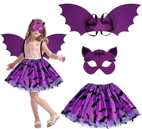 WAYBWZDQ Déguisement Chauve-Souris Fille, Halloween Costume de Chauve-Souris Enfant avec Chauve-Souris Robe Tutu Violet, Chauve-Souris Ailes et Masque, pour Cosplay Halloween Carnaval