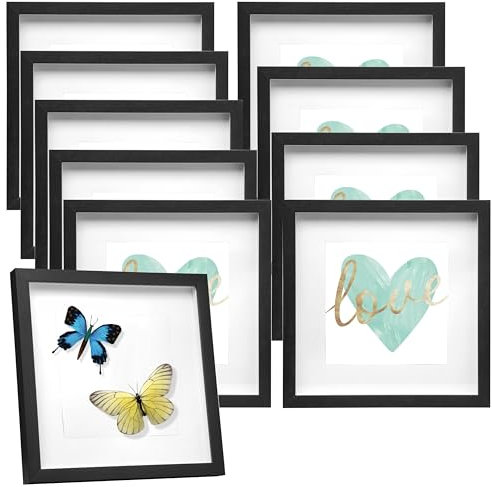 EUGAD Set di 10 Cornice 3D per Foto da Muro Cornici 30x30cm per Oggetti Fino a 1,5cm, Cornici Fotografiche Multiple da Tavolo Portafoto Sospeso in Legno Passepartout Incluso, Nero