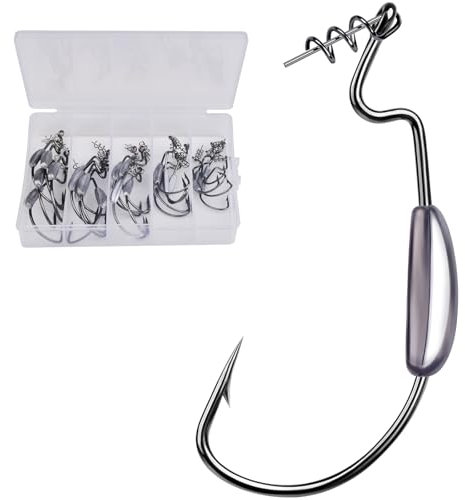 Fishing Hooks for Bass Fishing - 25pcs Weighted EWG Offset Worm Hook Texas Rig Hooks for Freshwater Saltwater Size 4/0 - Soft Lures Worms Plastics Bait Fishing Hook with Tackle Box