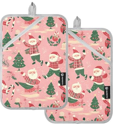 Lot de 2 maniques résistantes à la chaleur - Motif Père Noël - Sapins de Noël - Maniques de four - Pour la cuisson, le barbecue, la cuisine