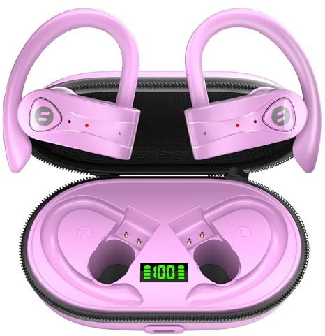 Bluetooth Headphones Noise Canceling 4 Mics Clear Call Stereo Bass Sound 60H Playtime Wireless Charging Case Over Ear Earphones LED Digital Display Headset with Earhooks for Sports Running Workout Gym