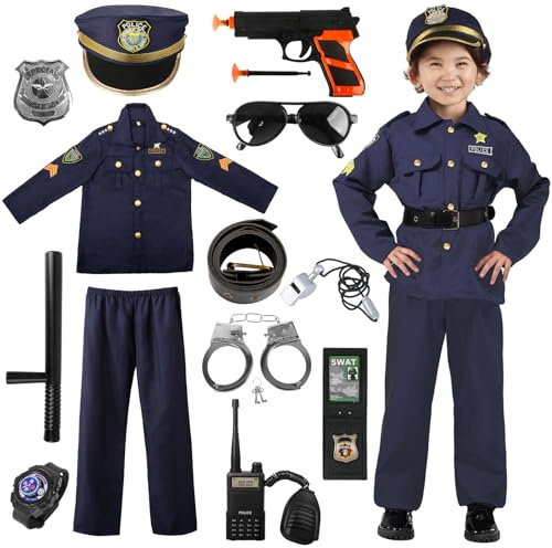 Polizei Kostüm Kinder Jungen, Polizei Set Kinder, Polizei Uniform Kinder inklusive Hemd Hose Hut Gürtel und Polizei Spielzeug Accessoires, Polizeianzug für Kinder Jungen Halloween Karneval Cosplay