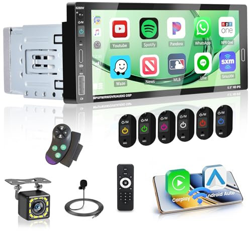 Fuluku 1 DIN Radio Coche con Inalámbrico Carplay Android Auto, 6.9 Pulgadas HD Pantalla Táctil 1 DIN Radio Bluetooth/FM/SWC/EQ/Mirror Link/Cámara de Seguridad/Mic/Type-C y Puerto USB