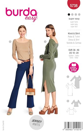 burda easy Schnittmuster Damen #5738 Bodycon Kleid mit Seitenschlitz & Shirt mit weitem Ausschnitt | Gr. 36-46