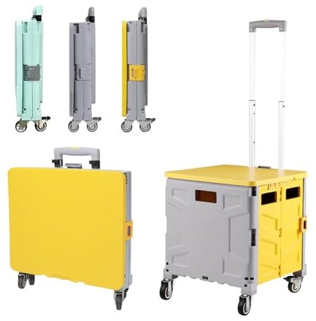 Einkaufstrolley Klappbar Einkaufswagen Metallräder, Klappbox mit Rollen 50 l Kiste, Trolley Klappbarer Einkaufstrolley, Einkaufsroller Teleskopgriff Deckel FüR Einkaufen, Lehrer, BüRo, (Grau+Gelb)