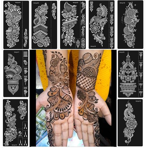 Henna Stencils Kit 9 fogli di tatuaggio Henné, adesivi riutilizzabili per mano Forearm Indian Arabian Self Sticker Tattoo Templates