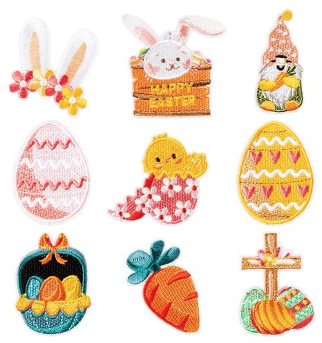 Aufnäher Ostern Dekoration, 9 PCS Bügelflicken Kinder, Bestickte Flicken Patches Ostern, Flicken zum Aufbügeln Kinder, Bügel Applikationen für DIY Osterdekorationen, Kleidung, Schultaschen (C)