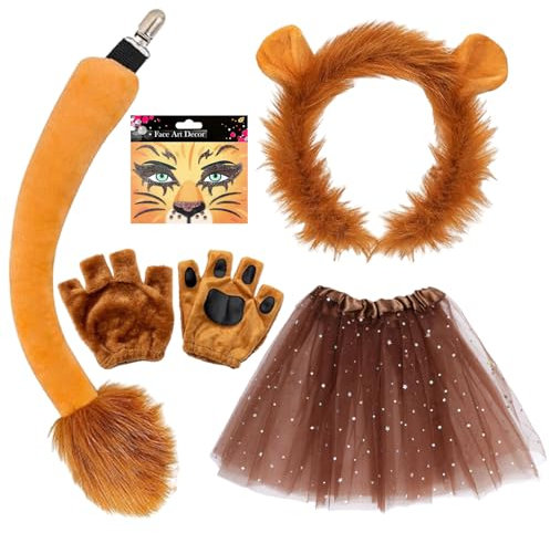 TUONYIS 5 Piezas Disfraz de León para Niños,Diadema con Orejas de Pintura de Cara Guantes Kit de león con tutú de Cola,para Cosplay de Animales Actuación el Escenario Halloween(León)