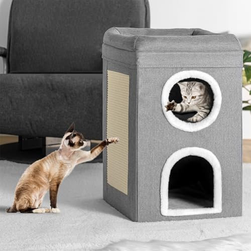 BAKAJI Cuccia per Gatti Pieghevole Grigio 2 Ripiani Verticale, Casetta Rifugio per Animali Domestici, Tiragraffi in Poliestere Caldo e Imbottito, Cuccetta Graffiatoio con Base Antiscivolo 41x41x63cm