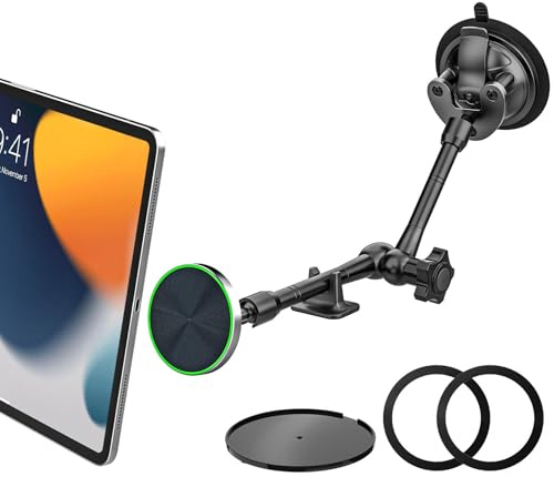 woleyi Supporto Magnetico Tablet Auto [Braccio Metallico Regolabile] Cruscotto Parabrezza Supporto Tablet Auto Ventosa Grande per iPad, Galaxy Tab, Kindle, Fire, iPhone, 4-11 Telefonos Tablets